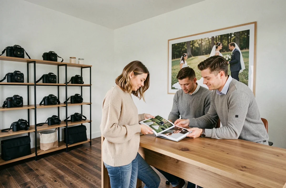 Studio 14 proposant une consultation de mariage avec un couple parcourant un album photo dans le Pas-de-Calais