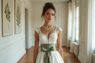 Mariée en robe blanche accessoirisée avec un collier doré statement, une ceinture satin sauge et des boucles d'oreilles en perles dans un appartement parisien