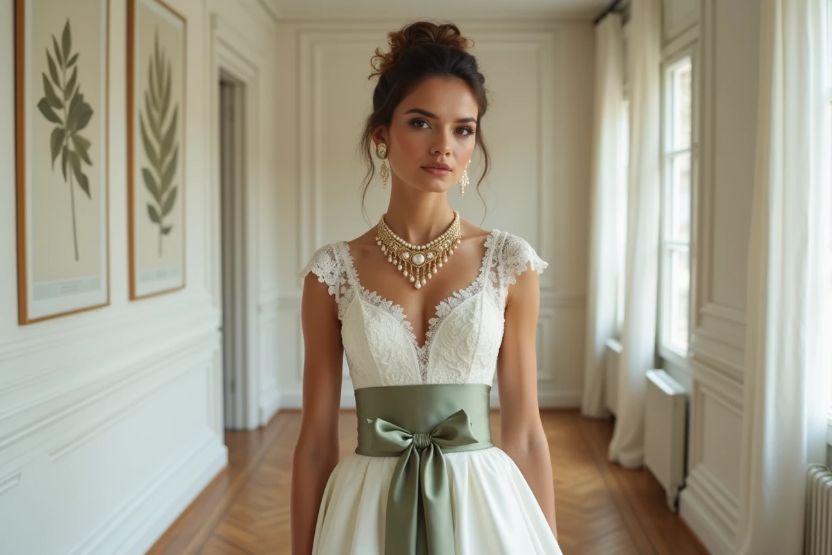 Mariée en robe blanche accessoirisée avec un collier doré statement, une ceinture satin sauge et des boucles d'oreilles en perles dans un appartement parisien
