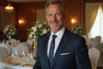 Acteur principal en costume marine dans une salle de mariage décorée pour un épisode de série télévisée