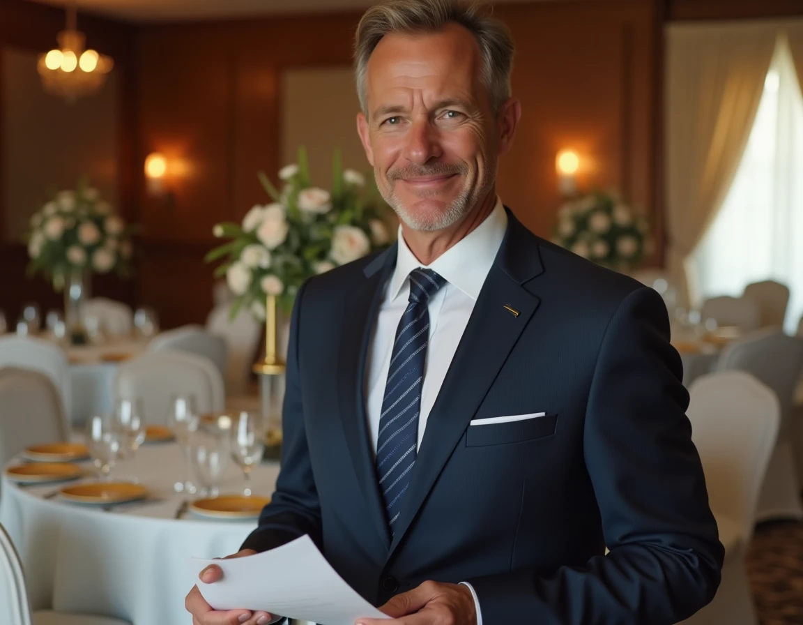 Acteur principal en costume marine dans une salle de mariage décorée pour un épisode de série télévisée