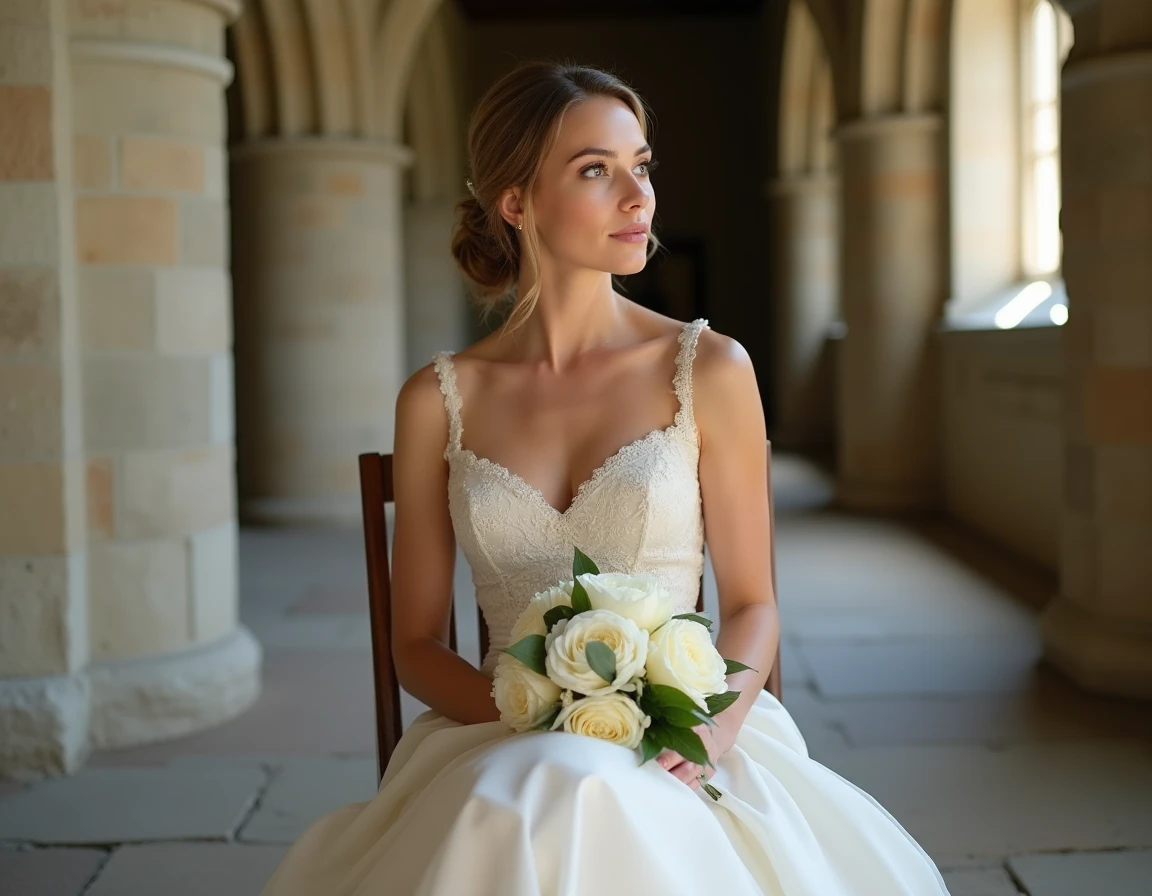 Actrice en robe de demoiselle d'honneur assise dans un couloir d'église lors du tournage d'un épisode mariage