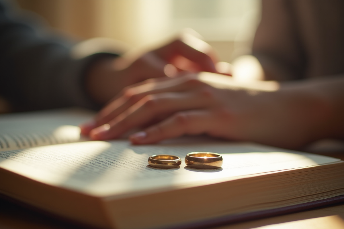 Alliances de mariage posées sur un livre avec lumière naturelle