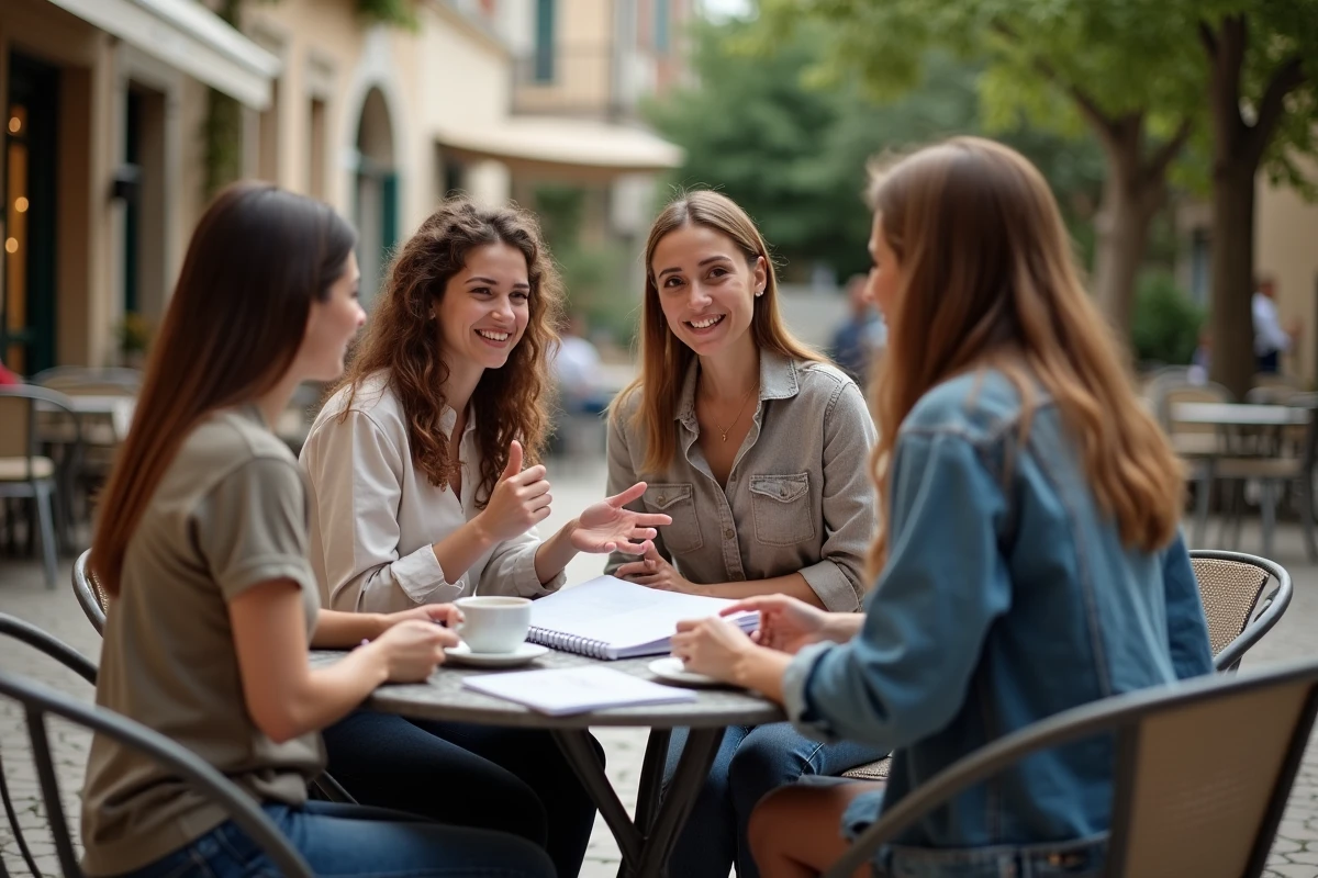 Groupe d'amis et de proches discutant de l'organisation d'un mariage autour d'un café en terrasse, avec un carnet de planification ouvert sur la table