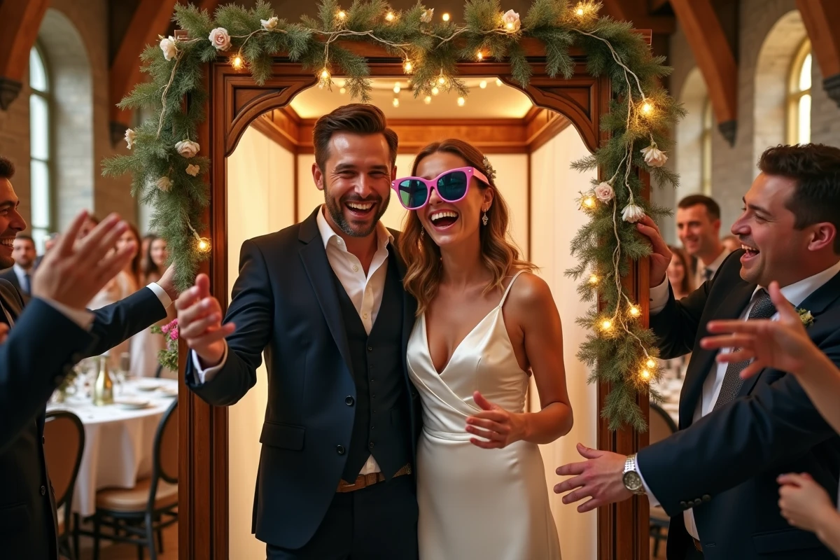Couple de mariés riant dans un photobooth animé lors d'une réception de mariage dans un château français
