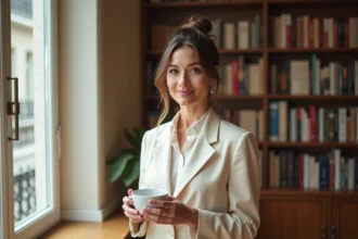 Portrait d'une animatrice télévision élégante et discrète dans un appartement parisien, tenant une tasse de café, style éditorial naturel