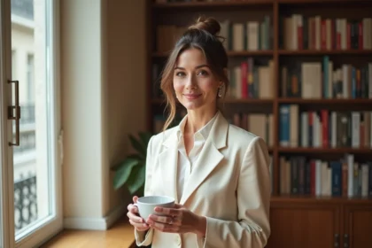Portrait d'une animatrice télévision élégante et discrète dans un appartement parisien, tenant une tasse de café, style éditorial naturel