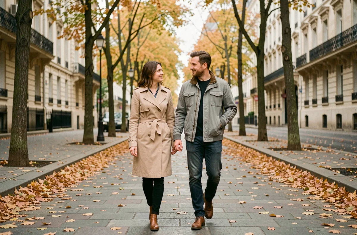 Couple se promenant sur un trottoir parisien bordé d'arbres en automne, illustrant la vie de couple et la vie privée d'Anne-Charlène Bezzina
