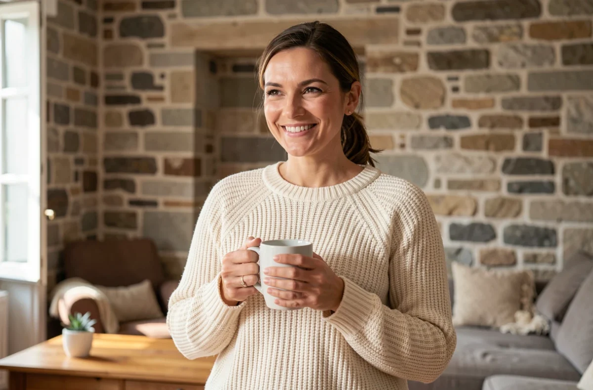 Femme souriante tenant une tasse dans un appartement parisien chaleureux, évoquant la vie privée et l'intimité familiale d'Anne-Charlène Bezzina