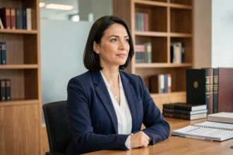Femme juriste professionnelle assise à un bureau avec des livres de droit en arrière-plan, illustrant la vie professionnelle d'Anne-Charlène Bezzina