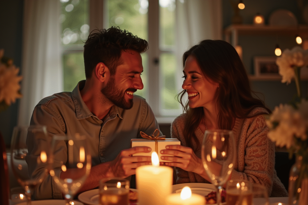 Couple souriant célébrant leur anniversaire à la maison
