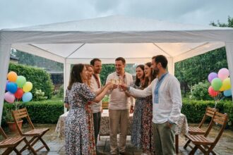 Groupe d'amis fêtant un anniversaire sous une tente de jardin pendant une pluie estivale, avec champagne et décorations colorées