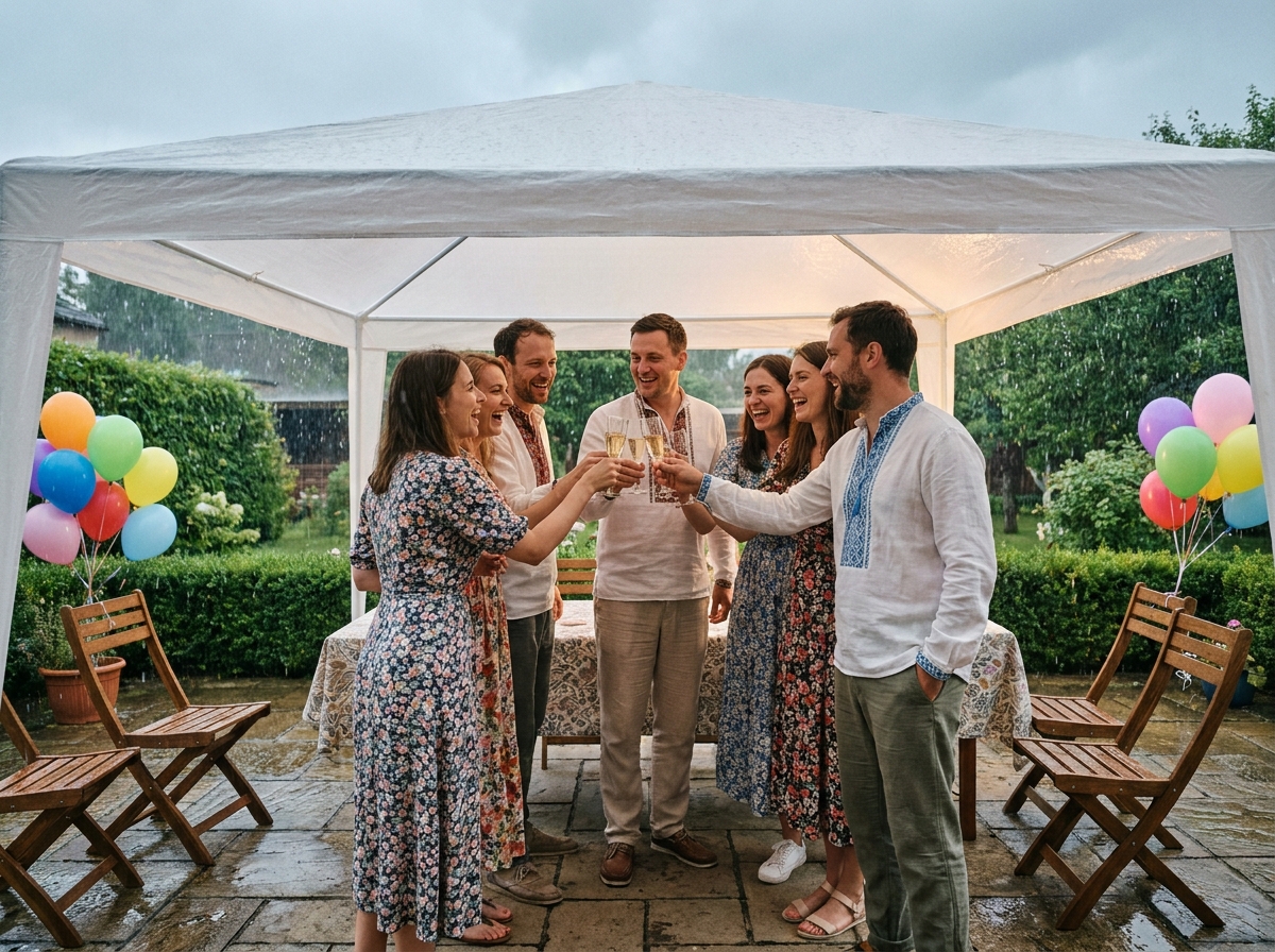 Groupe d'amis fêtant un anniversaire sous une tente de jardin pendant une pluie estivale, avec champagne et décorations colorées