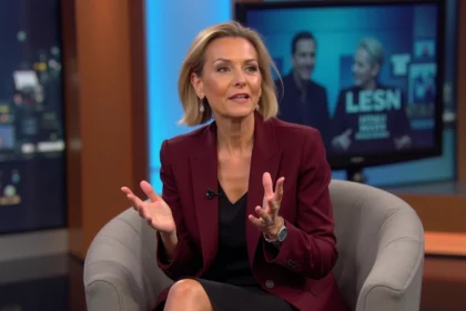 Femme élégante en blazer bordeaux sur un plateau de télévision lors d'une émission de talk-show