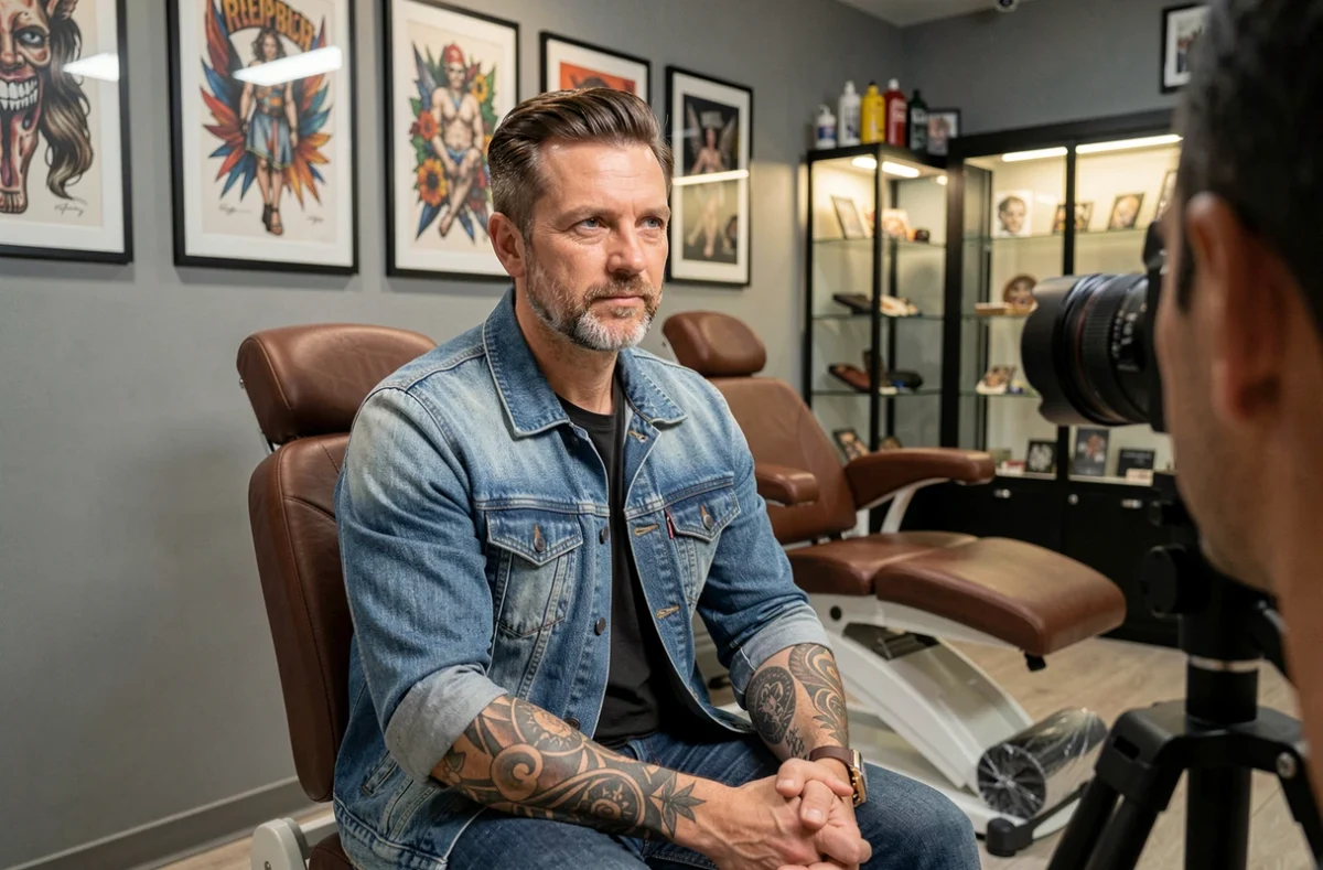 Artiste tatoueur avec des tatouages sur les bras posant pour une séance photo de portfolio dans un salon de tatouage