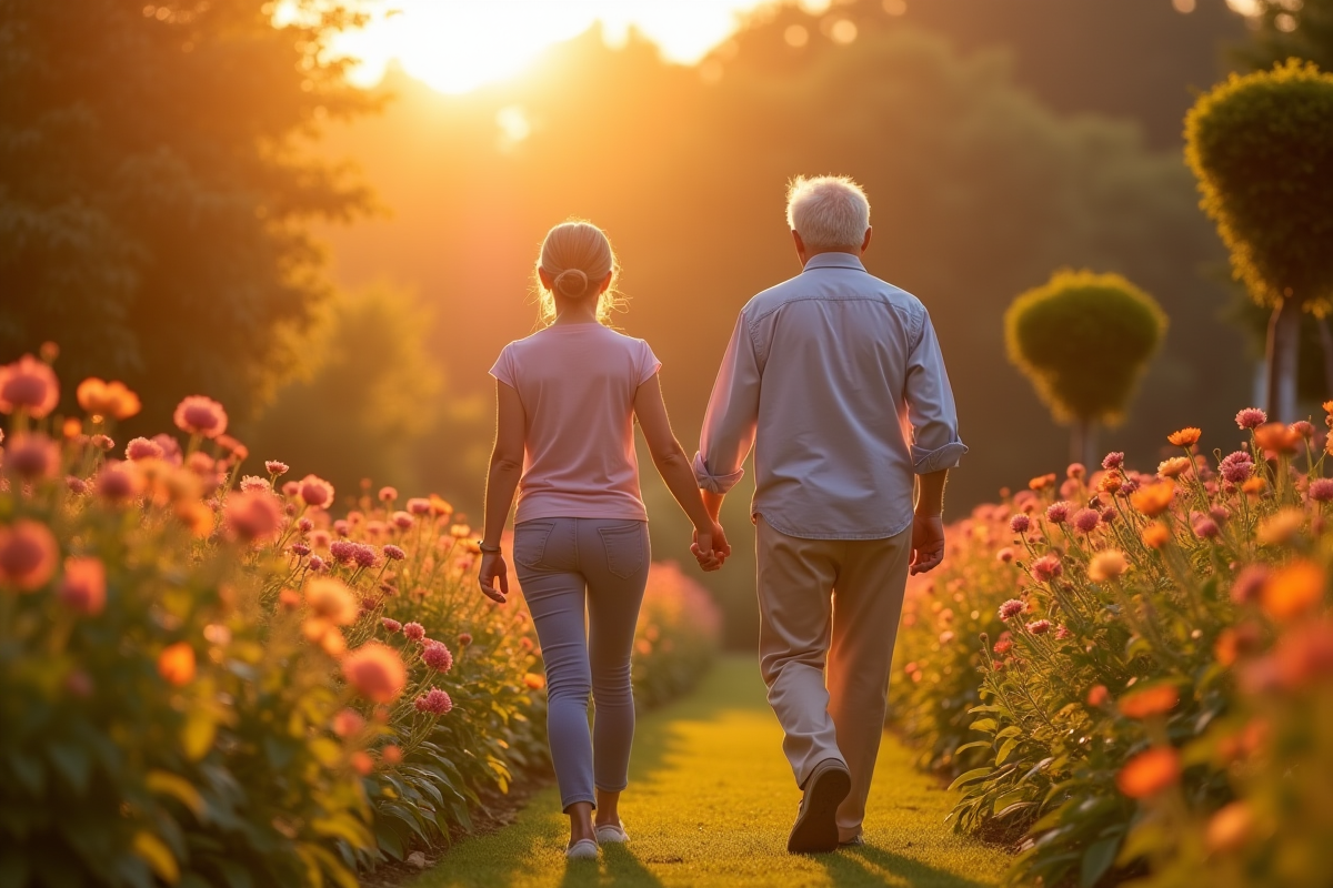 Couple agee main dans la main dans un jardin en fleurs
