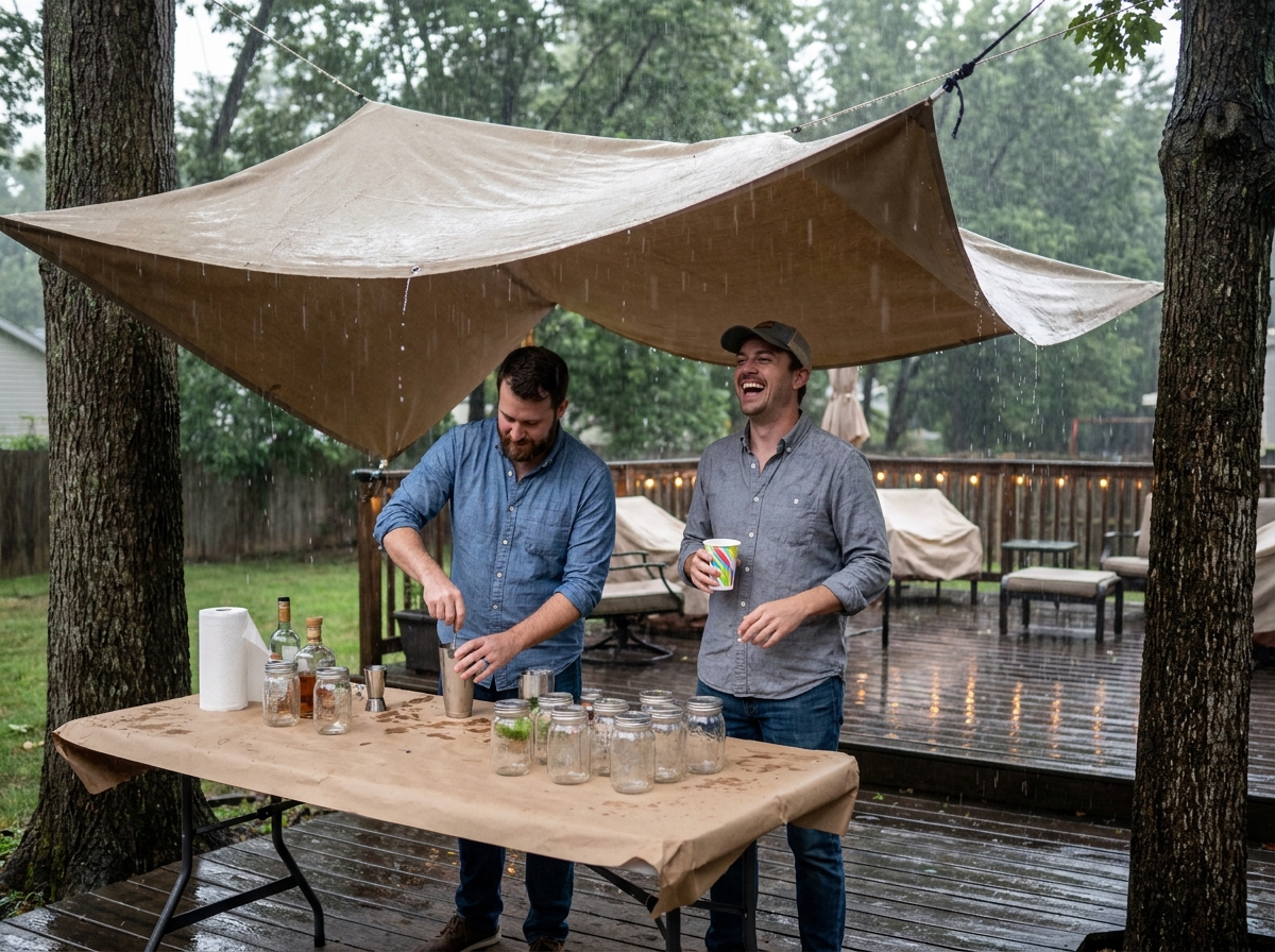 Deux hommes préparant un bar improvisé sous une bâche lors d'un anniversaire en extérieur perturbé par la pluie