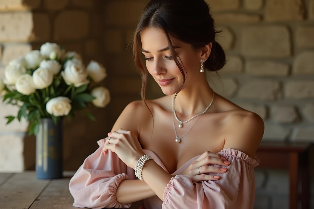 Femme portant des boucles d'oreilles et un bracelet en perles fines lors d'un mariage en château rustique