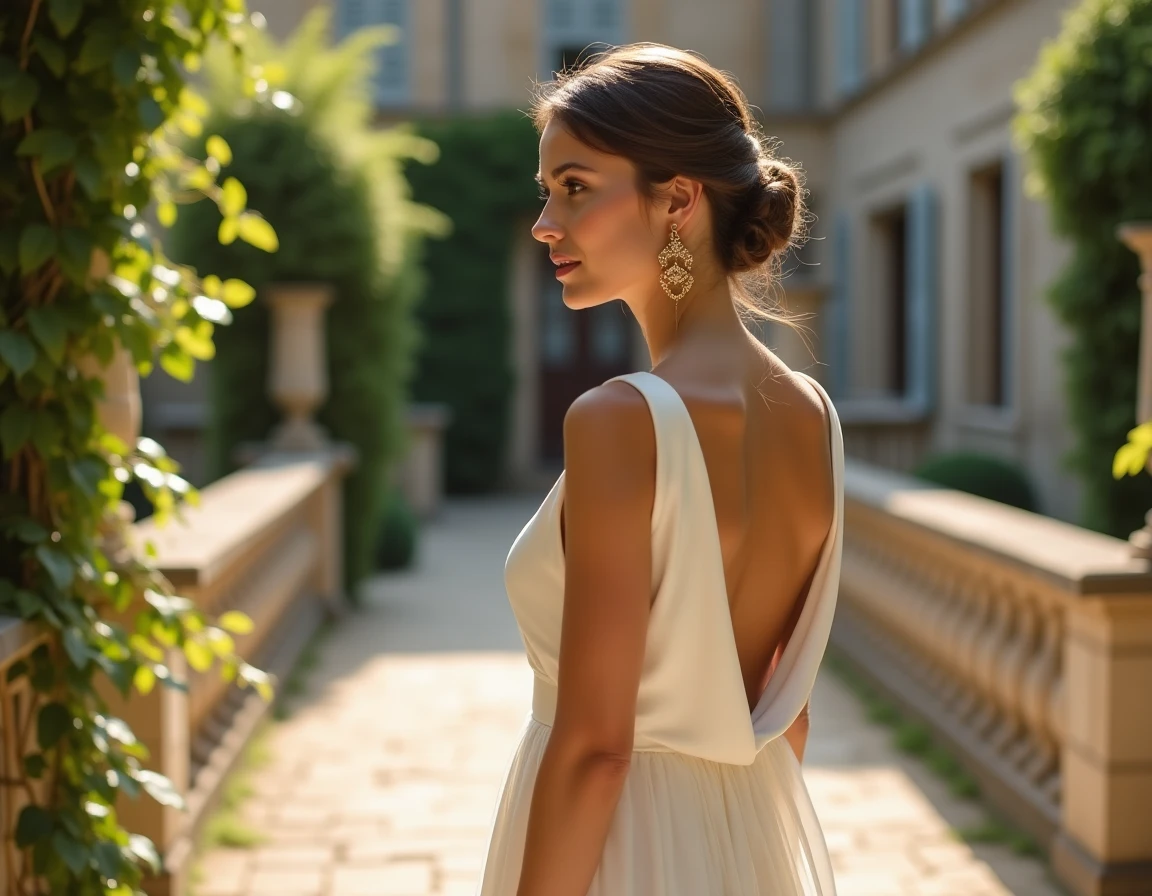 Boucles d'oreilles dorées chandelier portées par une mariée devant un château en pierre lors d'un mariage chic