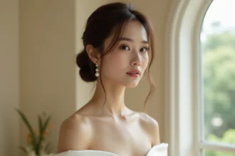 Mariée portant une boucle d'oreille perle minimaliste pour un mariage chic et élégant