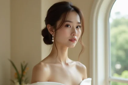 Mariée portant une boucle d'oreille perle minimaliste pour un mariage chic et élégant