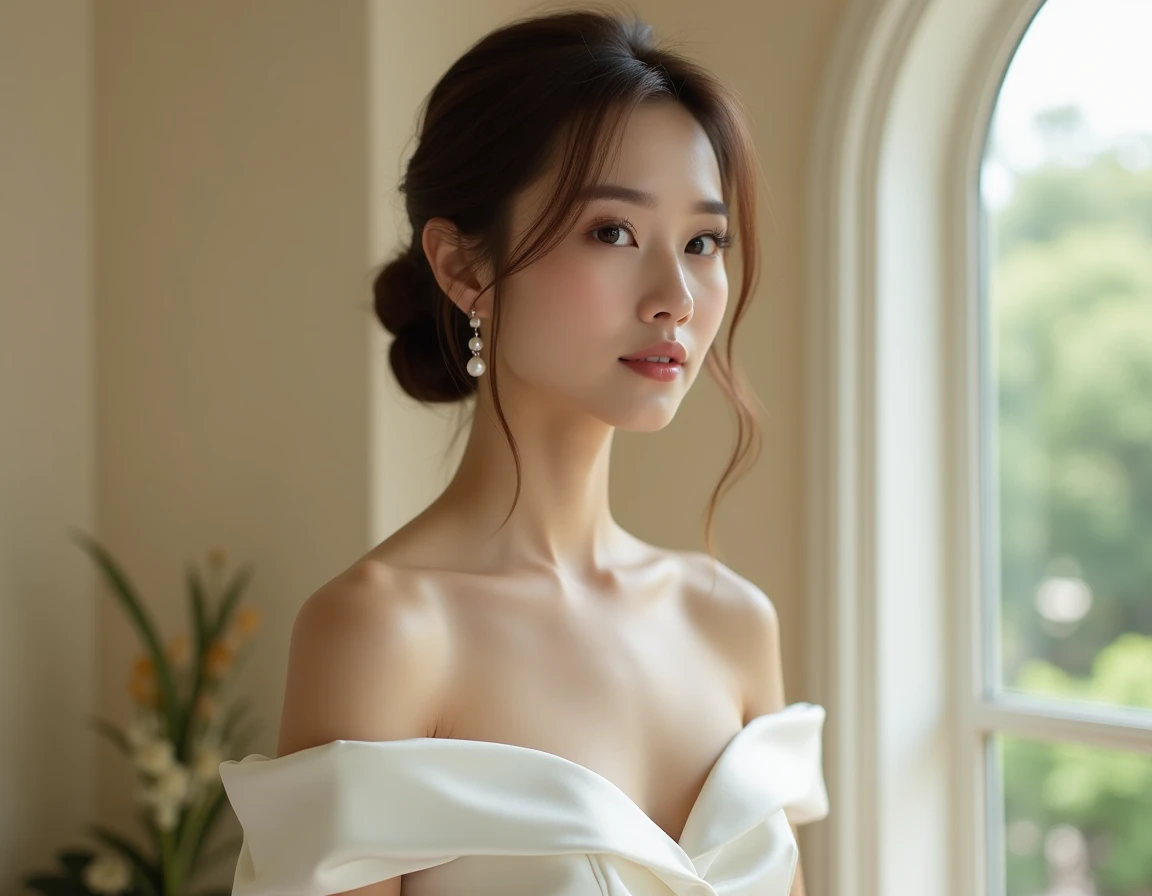 Mariée portant une boucle d'oreille perle minimaliste pour un mariage chic et élégant