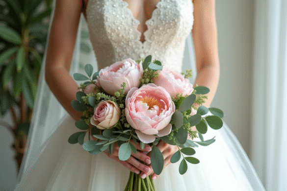 Bouquet de mariage avec pivoines roses et eucalyptus
