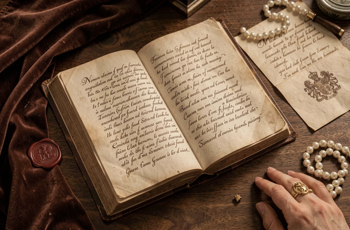 Livre ancien ouvert avec écriture Tudor manuscrite entouré d'artefacts royaux, symbolisant l'héritage lettré de Catherine Parr