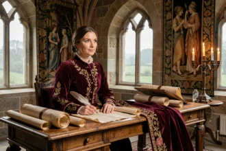 Portrait d'une femme en costume Tudor brodé assis à un bureau d'époque, évoquant Catherine Parr reine d'Angleterre