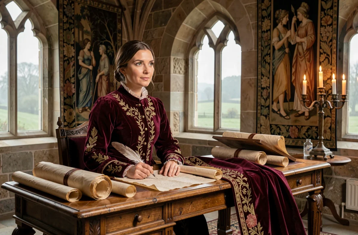 Portrait d'une femme en costume Tudor brodé assis à un bureau d'époque, évoquant Catherine Parr reine d'Angleterre