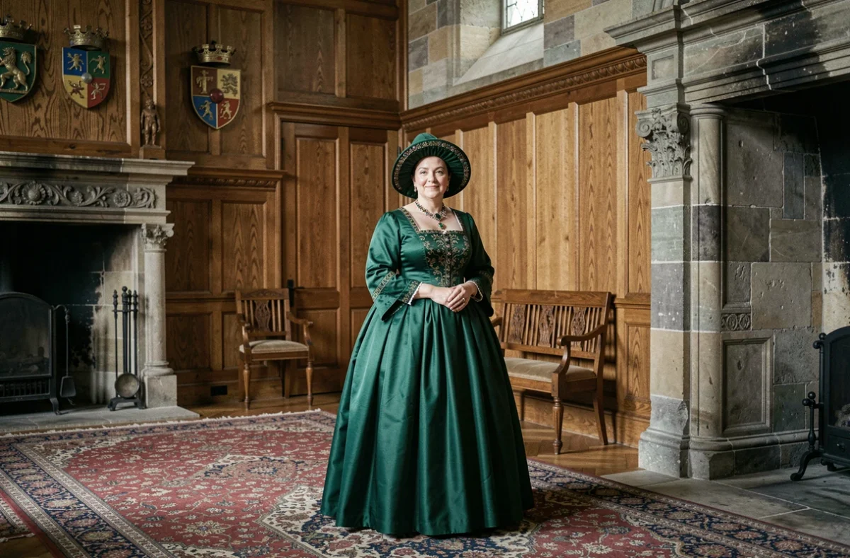 Femme en robe Tudor verte debout dans une grande salle royale, représentant Catherine Parr épouse de Henri VIII