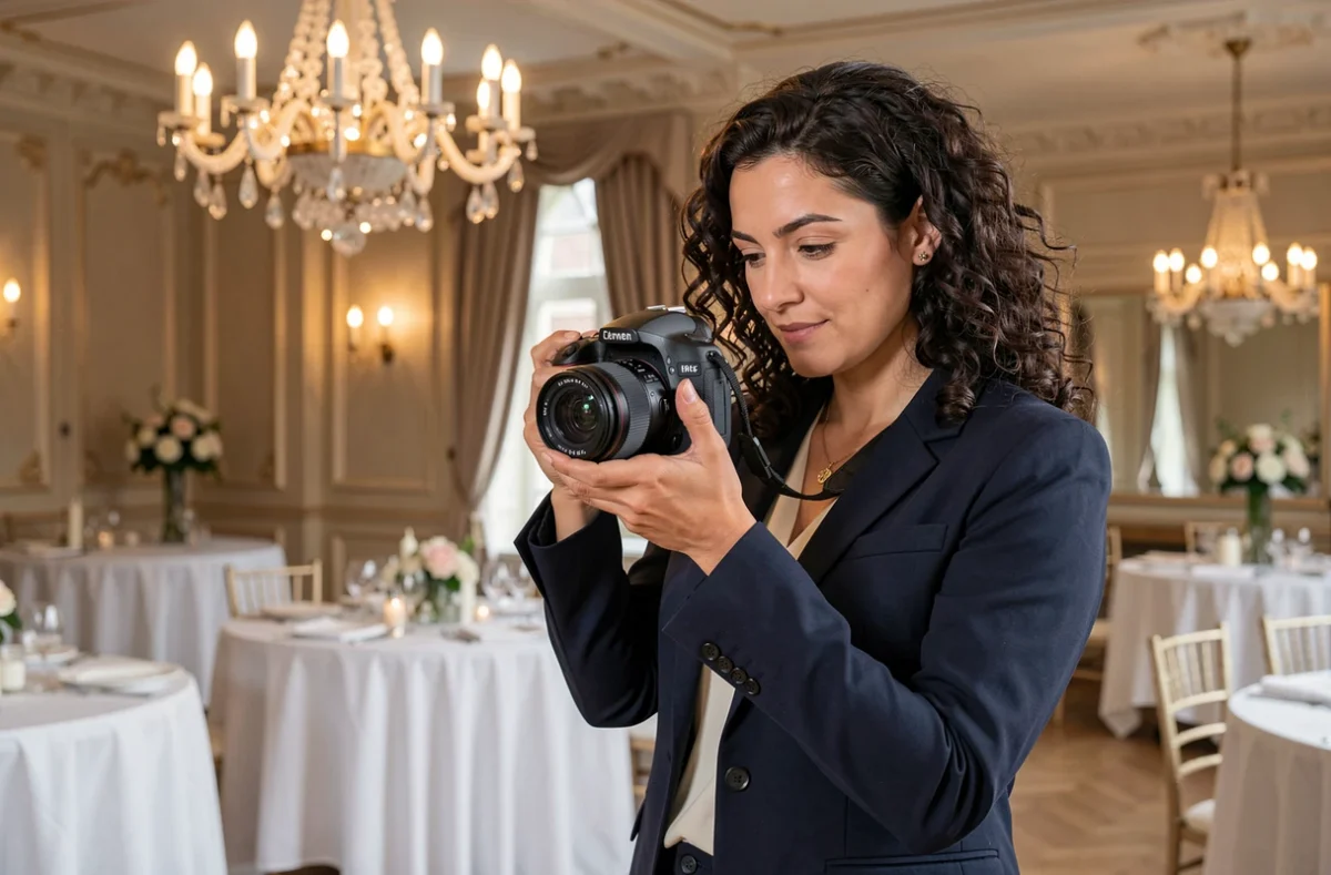 Cécile Rodeze photographiant l'intérieur d'une salle de réception de mariage élégante dans le Pas-de-Calais