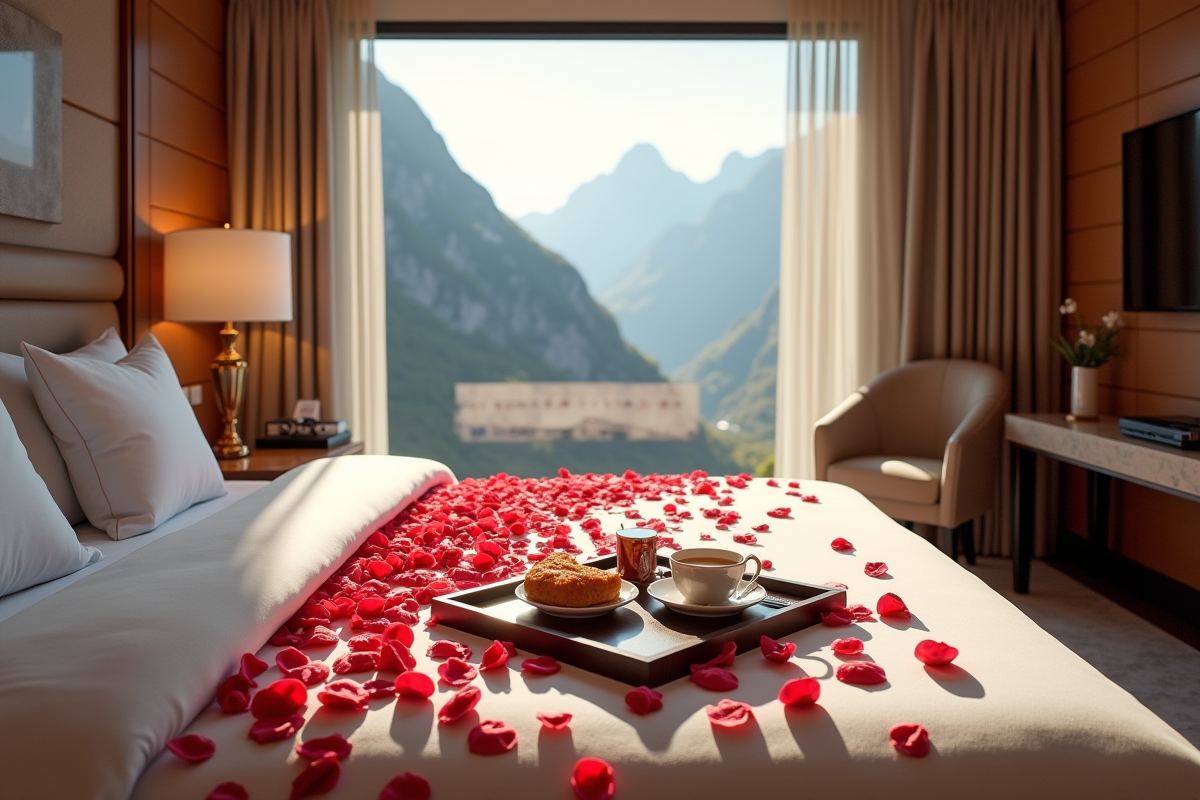 Chambre d hotel luxueuse avec lit garni de pétales de rose et vue montagne