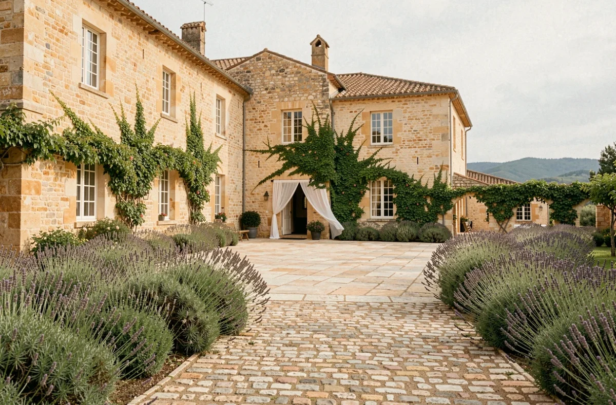 Château de la Busquette entouré de garrigue méditerranéenne avec cour en pierre pour mariages en Hérault