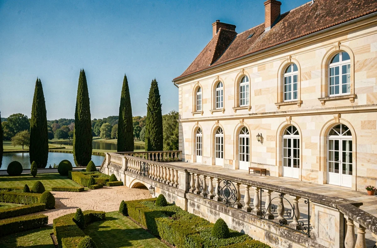 Château de Labastide Beauvoir, façade en pierre avec terrasse et jardins formels pour réceptions de mariage