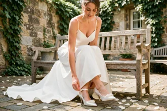 Mariée assise dans un jardin ajustant ses chaussures de mariage blanches à talon bas avec bride cheville