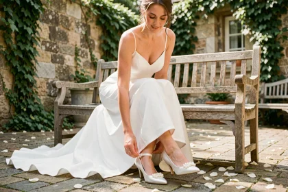Mariée assise dans un jardin ajustant ses chaussures de mariage blanches à talon bas avec bride cheville
