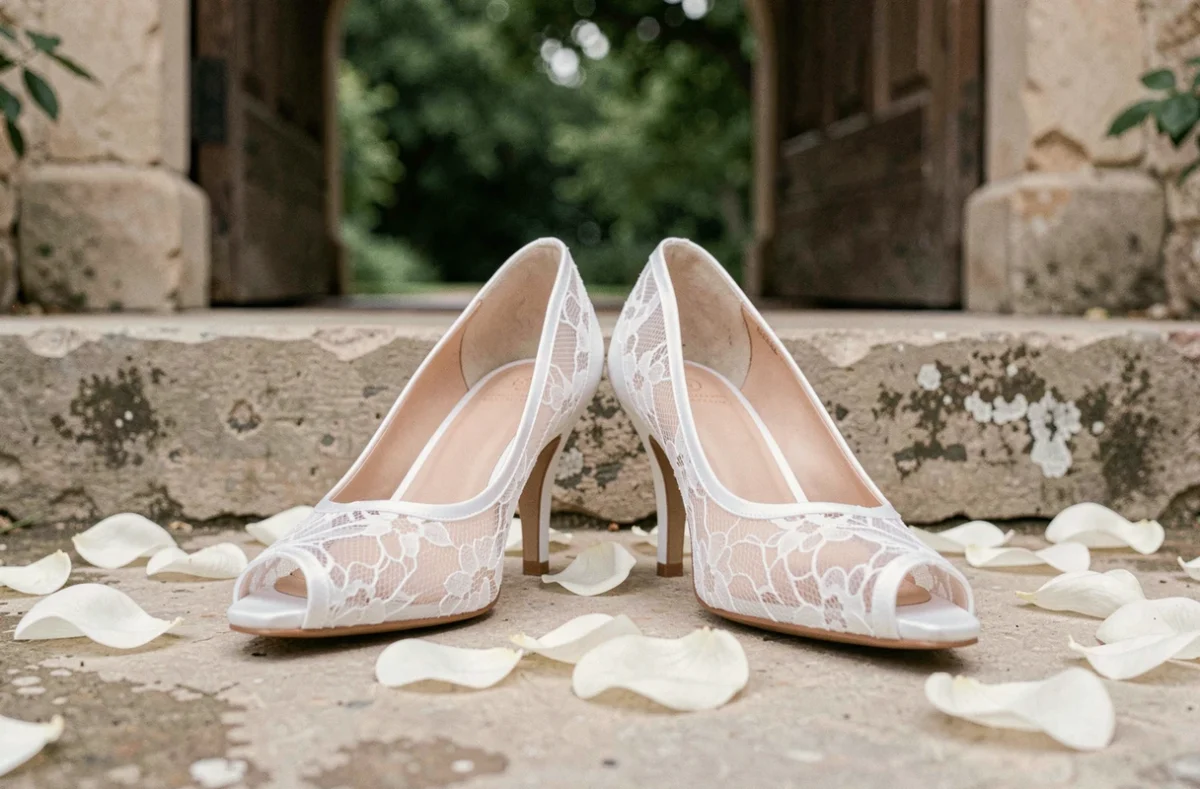 Paire de chaussures de mariage blanches confortables à petit talon posées sur des marches en pierre lors d'un mariage champêtre