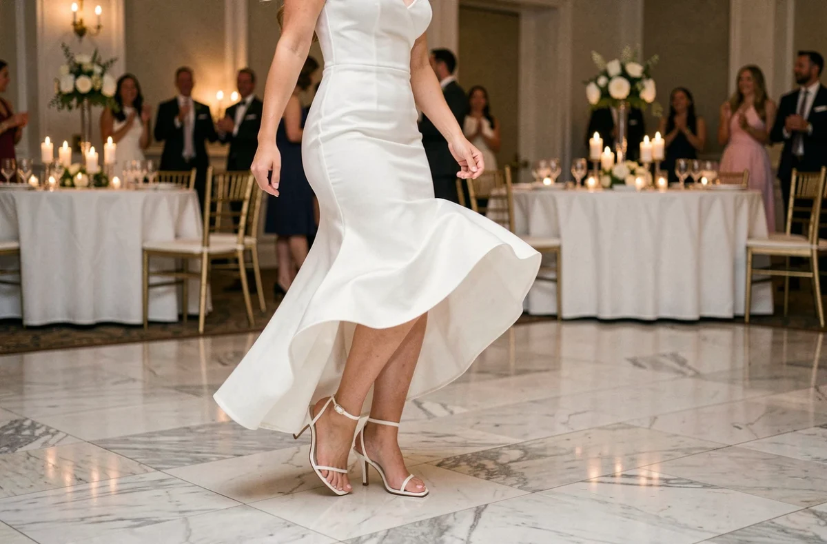 Mariée dansant en sandales blanches à kitten heel dans une salle de réception lors de la dernière danse