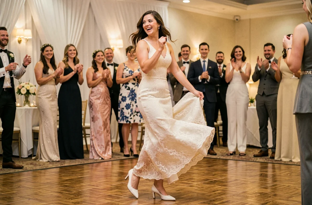 Mariée dansant avec entrain lors d'une réception de mariage portant des chaussures blanches confortables à talons bas