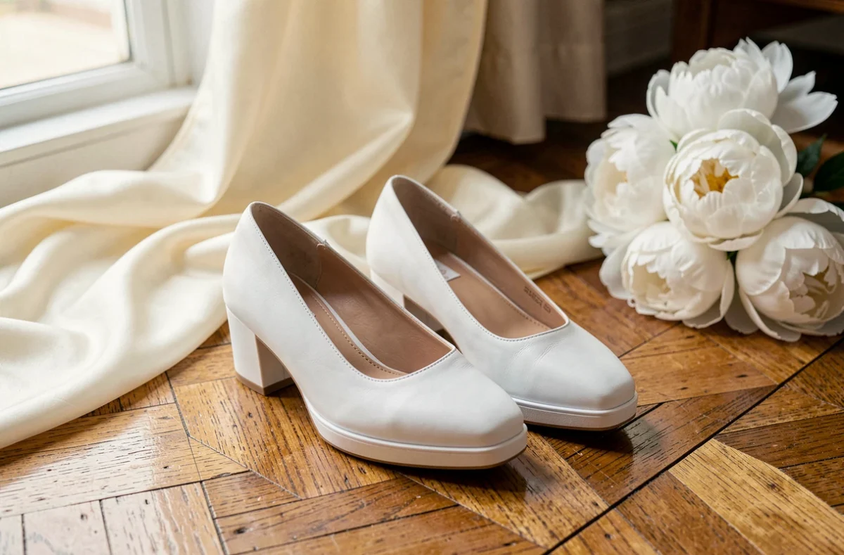 Chaussures de mariage blanches à talon bloc posées sur parquet en bois avec bouquet de pivoines blanches