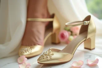 Chaussures de mariée dorées à talon bloc avec bride cheville sur marbre blanc entouré de pétales de roses