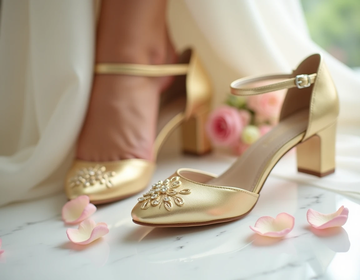 Chaussures de mariée dorées à talon bloc avec bride cheville sur marbre blanc entouré de pétales de roses