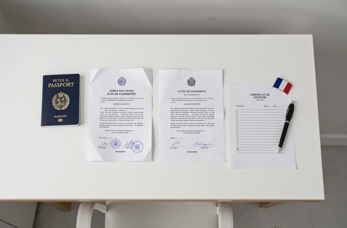 Vue aérienne d'une check-list et des documents officiels nécessaires pour un mariage étranger en France