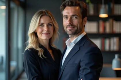 Homme et femme en tenue professionnelle dans une salle de rédaction moderne, évoquant une collaboration journalistique sérieuse