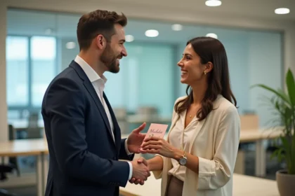 Deux collègues échangent un sourire et une carte de mariage dans un bureau