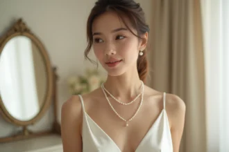 Mariée portant un collier de perles fines délicates avec une robe en satin ivoire dans une suite nuptiale élégante