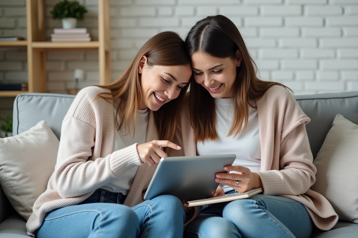 Deux amies comparant des sites de robes de mariée pas chères sur une tablette dans un salon moderne