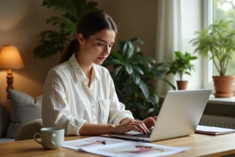 Jeune femme comparant des robes de mariée pas chères sur un site en ligne depuis son bureau à domicile