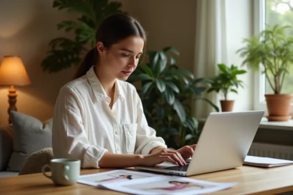 Jeune femme comparant des robes de mariée pas chères sur un site en ligne depuis son bureau à domicile